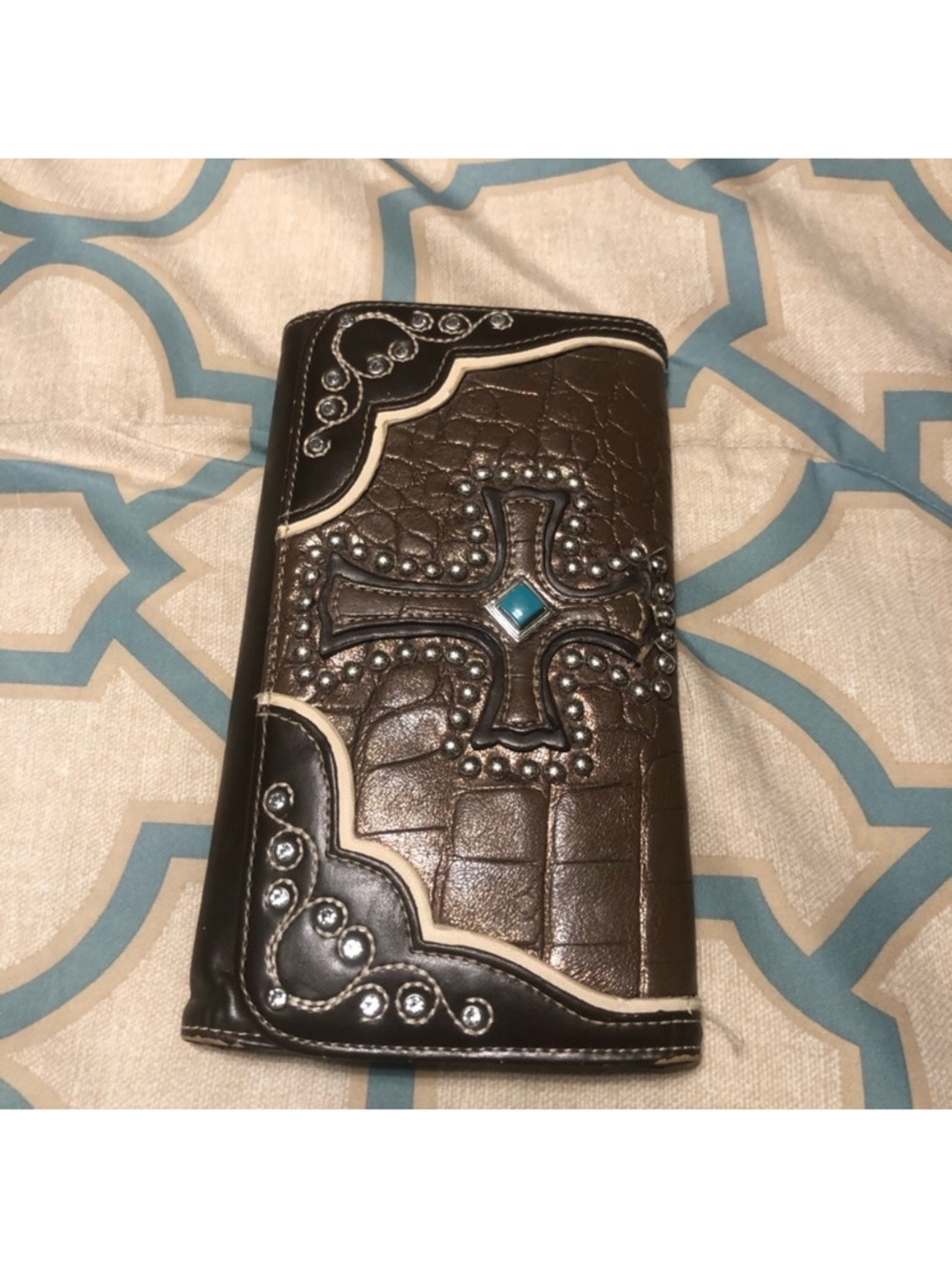 Embellished Cross Wallet - Brown with Turquoise Accent button closure